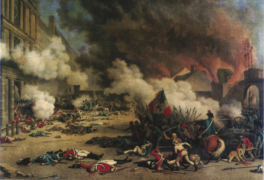 Pintura representando uma revolta popular. Homens armados com mosquetes e lanças avançam em direção a um palácio, situado à esquerda. Na frente do palácio, há diversos guardas e cavalos mortos. Um grupo de guardas sai do palácio e atira contra os insurgentes. À direita, construções estão em chamas. A fumaça encobre parte da paisagem.