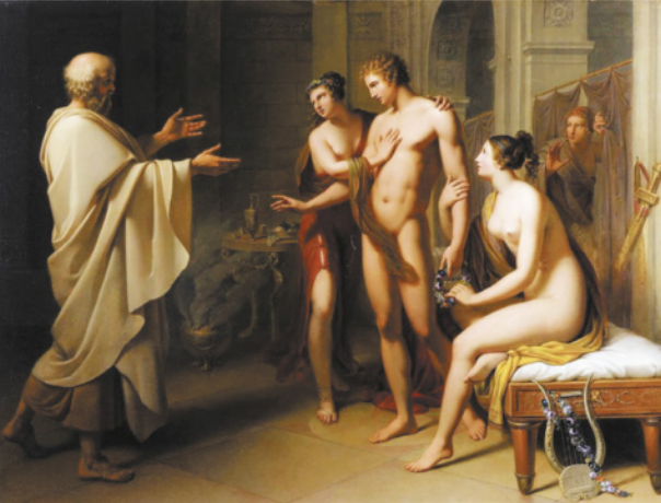 Pintura que representa um homem idoso e um jovem conversando. O homem idoso, à esquerda, usa um manto ao redor do corpo e estende as mãos em direção ao jovem, que está nu entre duas mulheres seminuas. O jovem segura uma guirlanda de flores junto com uma das mulheres, que está sentada à direita. Atrás deles, uma pessoa afasta cortinas e adentra o ambiente.