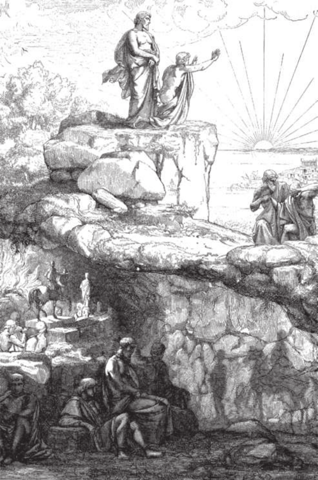 Ilustração representando pessoas em uma caverna. Elas estão de frente para a parede, na qual estão projetadas as sombras de duas pessoas, uma delas a cavalo. Fora da caverna, dois homens estão na beira de um penhasco. Um deles se ajoelha e estende as mãos em direção ao sol.