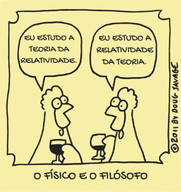 Charge 'O físico e o filósofo'. Dois frangos estão tomando vinho e conversando. O frango à esquerda diz: 'Eu estudo a teoria da relatividade'. O frango à direita diz: 'Eu estudo a relatividade da teoria'.