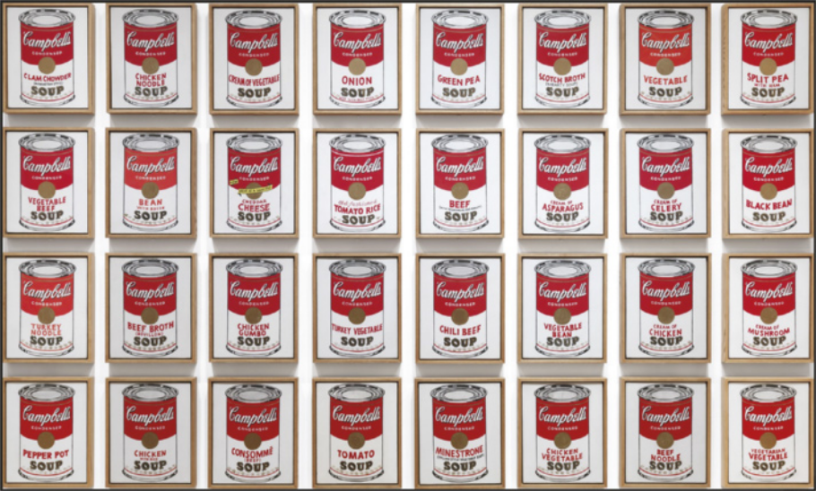 Gravura de uma lata de sopa repetida diversas vezes em sequência, ao longo de quatro fileiras horizontais. Cada fileira possui oito latas.
