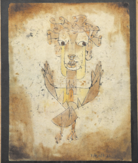 Pintura representando um anjo com as asas abertas. Ele possui cabelos cacheados, rosto alongado e garras.