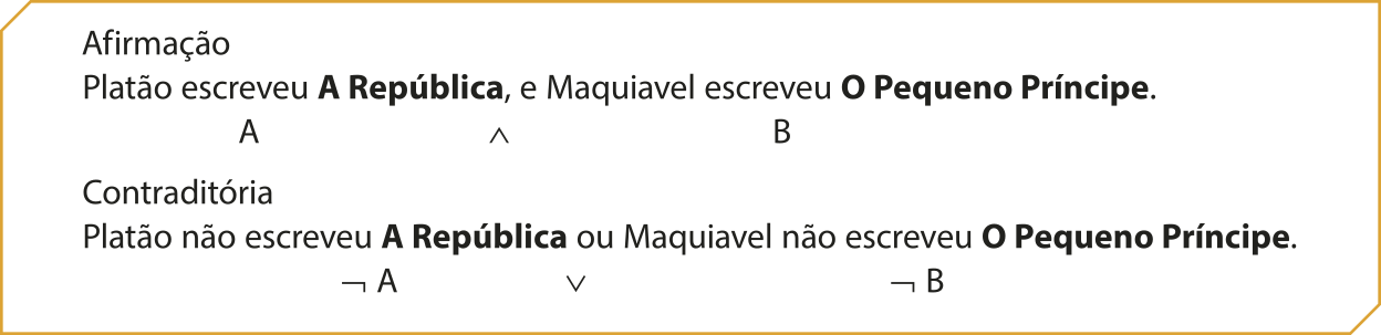 Afirmação Platão escreveu A República, e Maquiavel escreveu O Pequeno Príncipe. A e B Contraditória Platão não escreveu A República ou Maquiavel não escreveu O Pequeno Príncipe. A é falso ou B é falso.