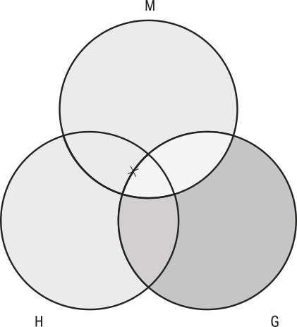 Diagrama formado por três círculos interseccionados que representam as seguintes categorias: M, H, G. Há um x entre a intersecção de todos os círculos e a intersecção M H.