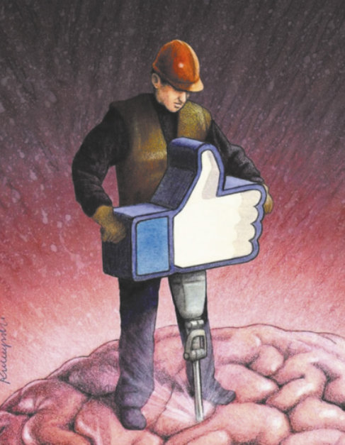 Ilustração que representa um trabalhador perfurando um cérebro. Ele utiliza um martelete cujo corpo possui a forma do ícone curtir das redes sociais.