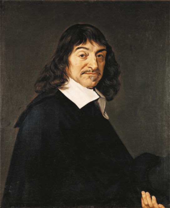 Pintura que retrata René Descartes. Ele é branco e possui cabelos ondulados que se estendem até os ombros, sobrancelhas grossas, bigode e cavanhaque.
