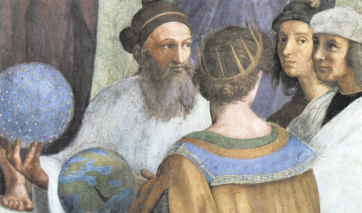 Detalhe de pintura que representa um grupo de pensadores. Um deles usa coroa pontiaguda e segura um globo terrestre. Ele está diante de um homem idoso, que possui barba longa, usa turbante e segura uma esfera. À direita, um jovem e um idoso estão lado a lado, de perfil, voltados para o lado esquerdo.