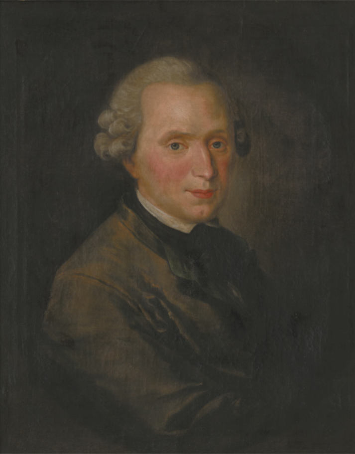 Pintura que retrata Immanuel Kant. Ele é branco, possui cabelos brancos com cachos nas laterais da cabeça, usa casaco e está com o corpo voltado para o lado direito.