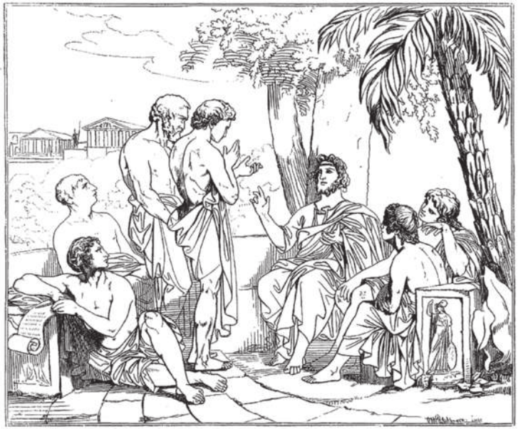 Imagem de filósofo com seus discípulos. O filósofo está sentado sob a sombra de uma árvore e ergue a mão direita. Diante dele, há dois discípulos em pé, um deles gesticula com as mãos. Os demais discípulos estão sentados no chão.