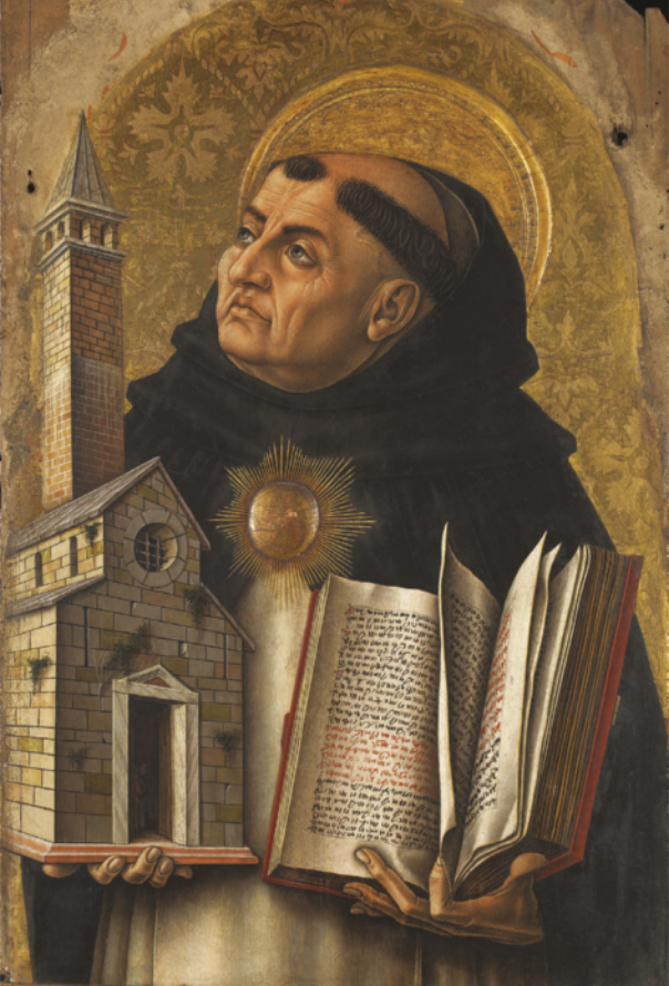 Pintura representando São Tomás de Aquino. Ele usa capa longa com capuz e segura um livro aberto e uma igreja.