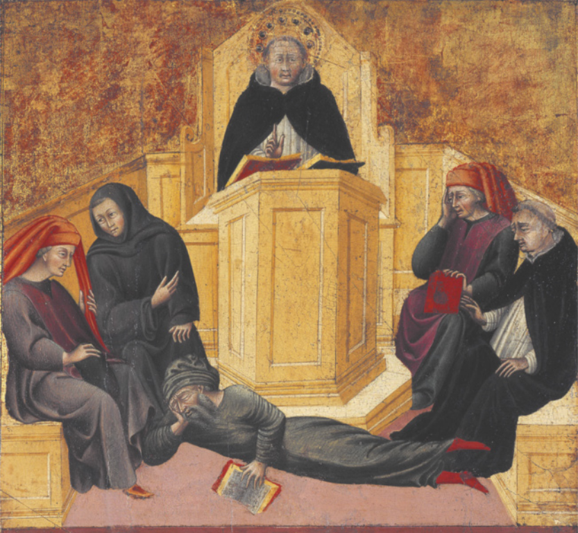 Pintura representando o debate entre dois filósofos. Um deles está em um púlpito com dois livros. O outro filósofo está em frente ao púlpito, deitado no chão, com a mão esquerda sobre um livro aberto. Ao redor dele, há quatro pessoas sentadas.