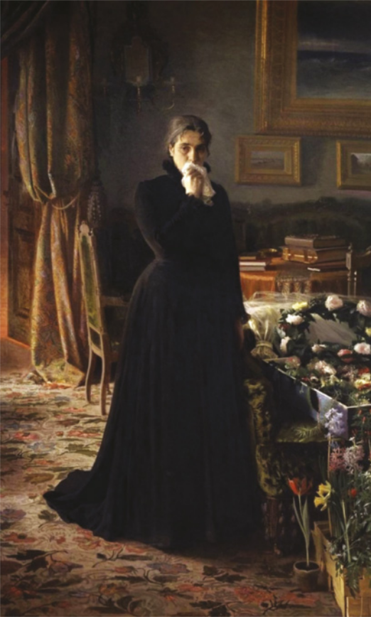 Pintura representando uma mulher. Ela usa vestido preto longo, cobre a boca com um lenço e apoia a mão esquerda na borda de uma mesa coberta com flores. Atrás dela, há uma porta com cortinas, castiçais e quadros fixados na parede.