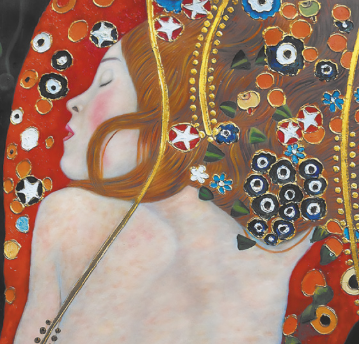 Detalhe de uma pintura que retrata uma mulher jovem dormindo. Ela está de bruços, com a cabeça voltada para o lado esquerdo, em uma superfície estampada com círculos e estrelas.