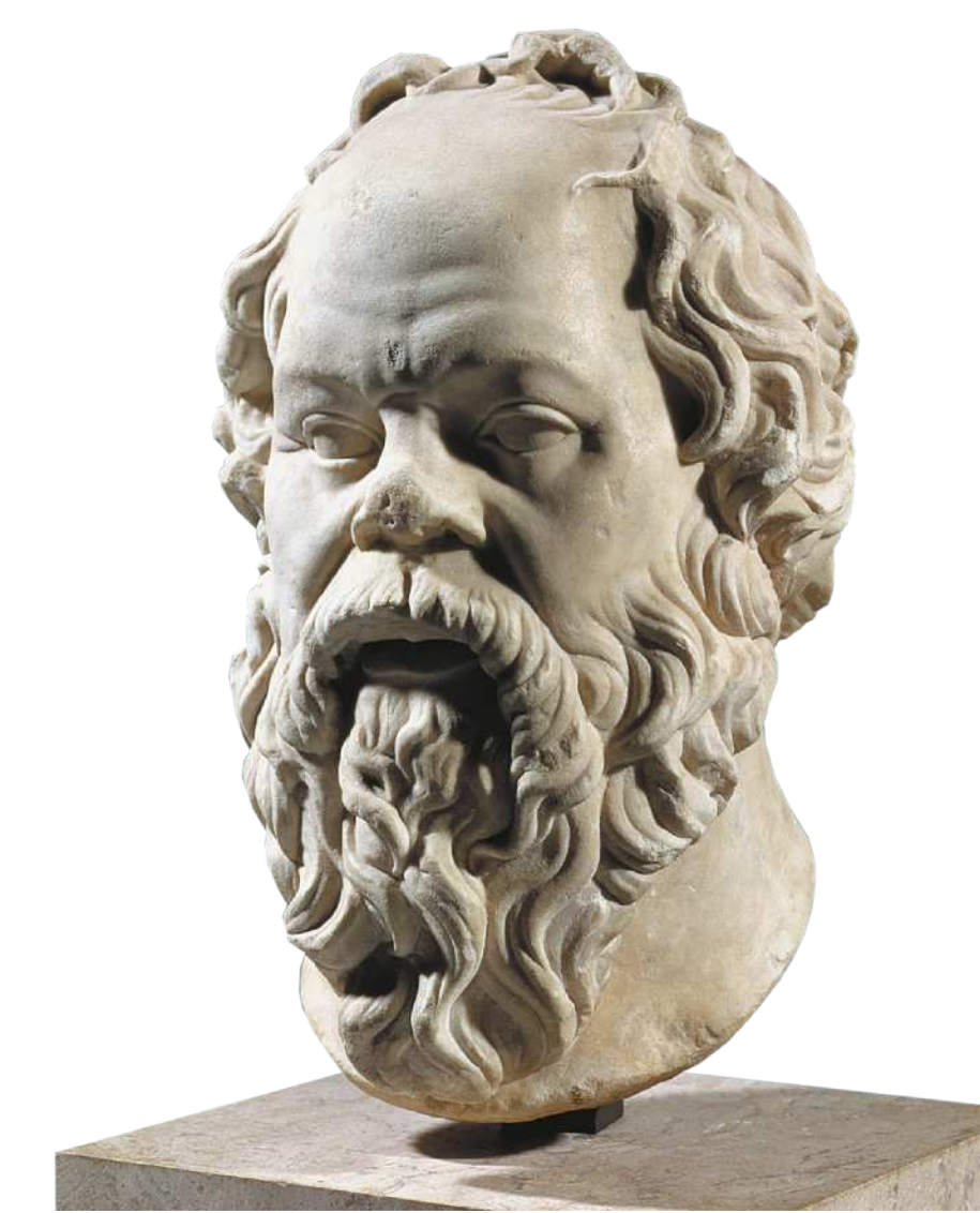 Imagem do busto de Sócrates. Ele é calvo e possui cabelos, bigode e barba ondulados e nariz largo.