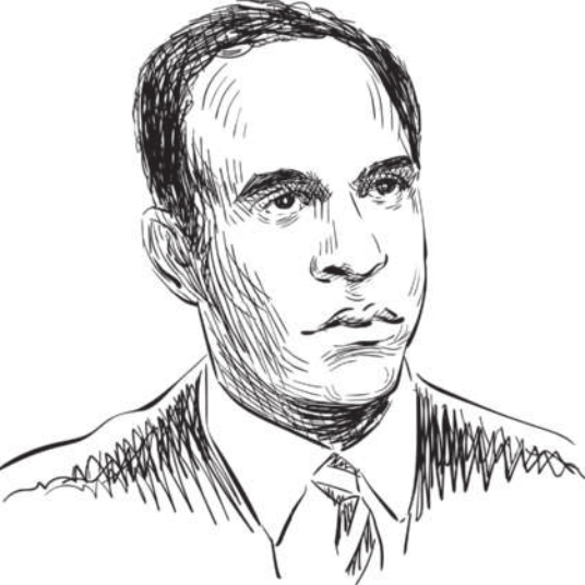 Ilustração em preto e branco que representa e Frantz Fanon. Ele é negro, possui cabelos curtos e usa camisa, gravata e paletó.