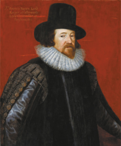 Pintura que retrata Francis Bacon. Ele é branco, possui bigode e cavanhaque e usa cartola, blusa de mangas bufantes, colete e gola rendada.
