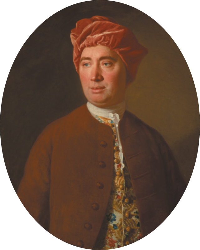 Pintura que retrata David Hume. Ele é branco, possui bochechas rosadas e usa turbante, casaco e colete bordado.