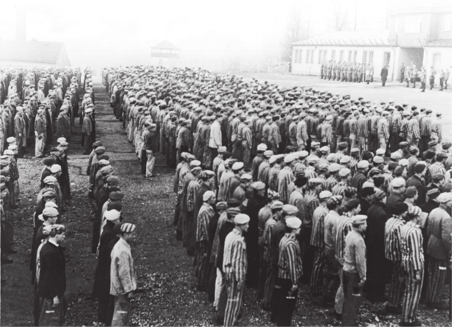Imagem em preto e branco de prisioneiros em um campo de concentração. Eles estão em fileiras e alguns deles usam uniforme com listras verticais.