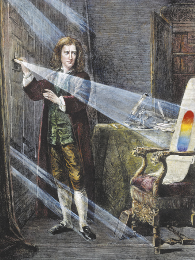Gravura que representa Isaac Newton encaixando um prisma no orifício de uma porta. A luz externa passa através do prisma e incide no encosto de uma cadeira, projetando nele as cores do arco-íris. Ao lado da cadeira, há um microscópio, folhas de papel, pena e tinteiro sobre uma mesa.