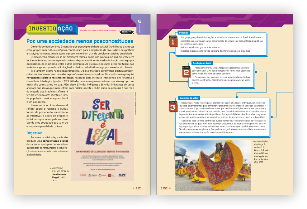 Reprodução de páginas do livro contendo a seção investigação.