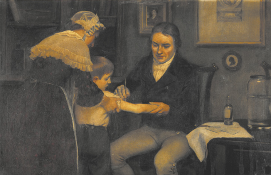 Pintura que representa um médico aplicando vacina no braço de um menino. Ele está em pé diante do médico, que se encontra sentado em uma cadeira. Uma mulher segura o braço do menino durante a vacinação. À direita, ao lado da cadeira do médico, há dois recipientes sobre uma mesa.
