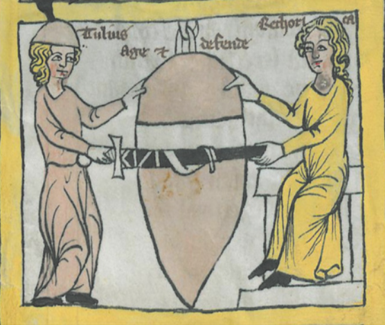 Ilustração que representa duas pessoas tocando um objeto em forma de peão, pendurado por um gancho. Elas estão ao redor do objeto e seguram uma espada ao lado dele, com a lâmina na horizontal.
