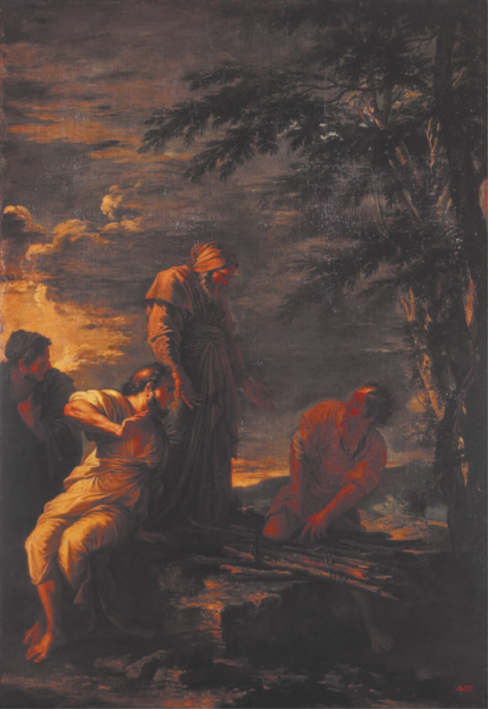 Pintura que representa homens conversando. Um deles está em pé, ao centro, e estende a mão para o homem à direita, com o joelho apoiado sobre um feixe. Dois indivíduos, à esquerda, estão sentados em uma pedra e se voltam para o homem à direita.