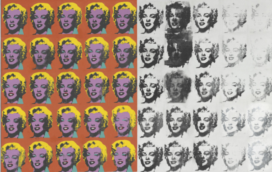 Pintura com o retrato de Marilyn Monroe. O mesmo retrato é reproduzido cinquenta vezes, ao longo de cinco linhas horizontais. A pintura é dividida em duas partes. Na parte esquerda, os retratos estão coloridos e possuem variações de nitidez entre si. Na parte direita, os retratos estão em preto e branco, alguns deles mais apagados, outros mais manchados.