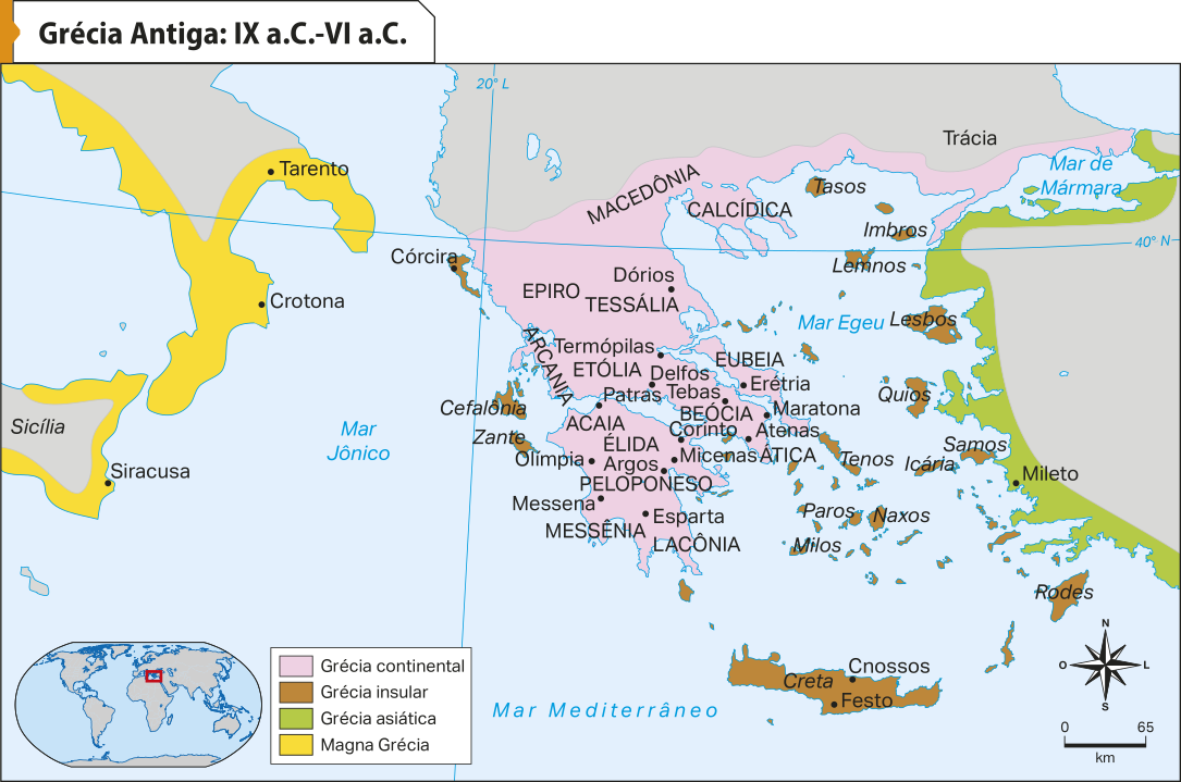 Mapa 'Grécia Antiga: IX antes de Cristo-VI antes de Cristo.'. De acordo com a legenda, a Grécia é formada pelas seguintes regiões: Grécia continental: Lacônia, Messênia, Peloponeso, Élida, Acaia, Ática, Beócia, Eubeia, Tessália, Arcania, Épiro, Macedônia, Calcídica. Grécia insular: Córcira, Cefalônia e Zante, no mar Jônico; Creta, no Mar Mediterrâneo; Rodes, Milos, Naxos, Paros, Tenos, Icária, Samos, Quios, Lesbos, Lemnos, Imbros, Tasos e demais ilhas no Mar Egeu. Grécia asiática: litoral oeste da atual Turquia. Magna Grécia: sul da Itália e costa da Sicília.