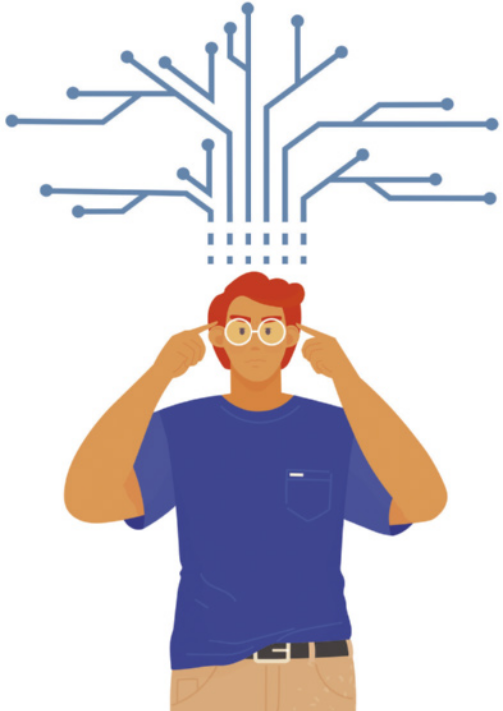 Imagem de homem com os dedos indicadores nas têmporas. Ele usa óculos e, acima da cabeça dele, há linhas que representam circuitos eletrônicos.