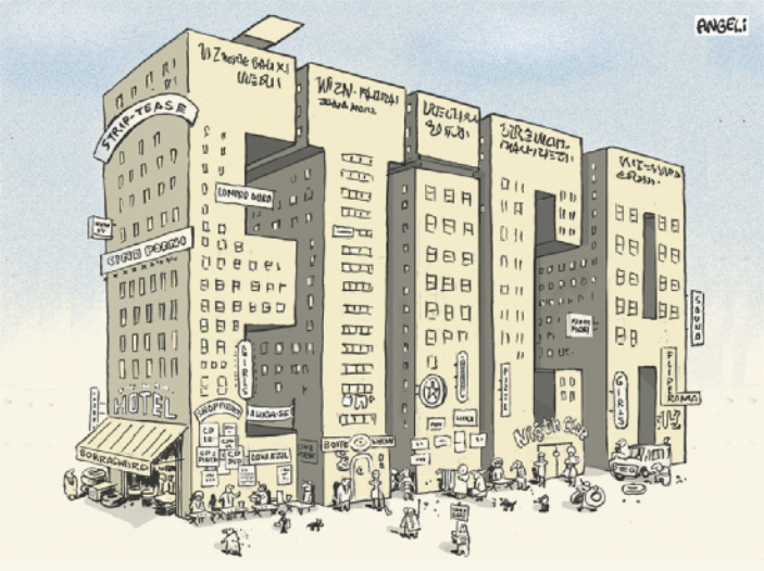 Charge sobre a ética. Um conjunto de cinco prédios com diversas janelas forma a palavra ética. No térreo, há uma borracharia e boates. Diversas placas indicam fliperamas, strip-tease, zona azul e diversos outros elementos.
