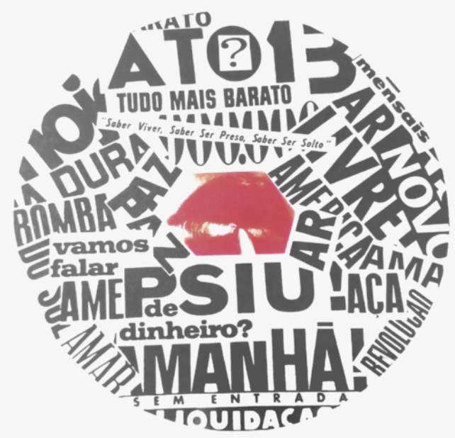 Colagem de frases e palavras sobrepostas. Algumas delas são: tudo mais barato; saber viver, saber ser preso, saber ser solto; livre; América; ar, psiu; de dinheiro? Amanhã; sem entrada; novo; vamos falar; amar.