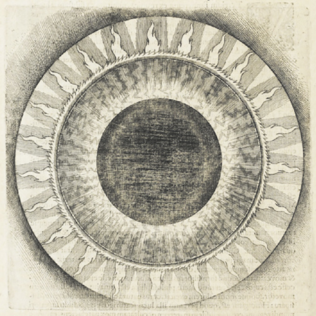 Ilustração com círculos concêntricos. Entre os círculos, há raios equidistantes.