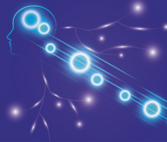 Imagem de círculos e linhas luminosos, ligados à cabeça de uma pessoa.