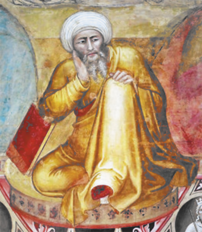 Pintura representando Averróis. Ele possui barba longa grisalha, usa turbante e túnica longa e está sentado no chão, com o braço direito apoiado em um livro.