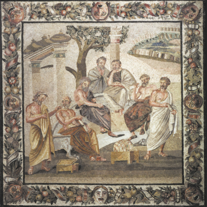 Imagem de mosaico que representa um grupo de filósofos. Eles estão ao ar livre, sob a sombra de uma árvore, em uma área delimitada por colunas.