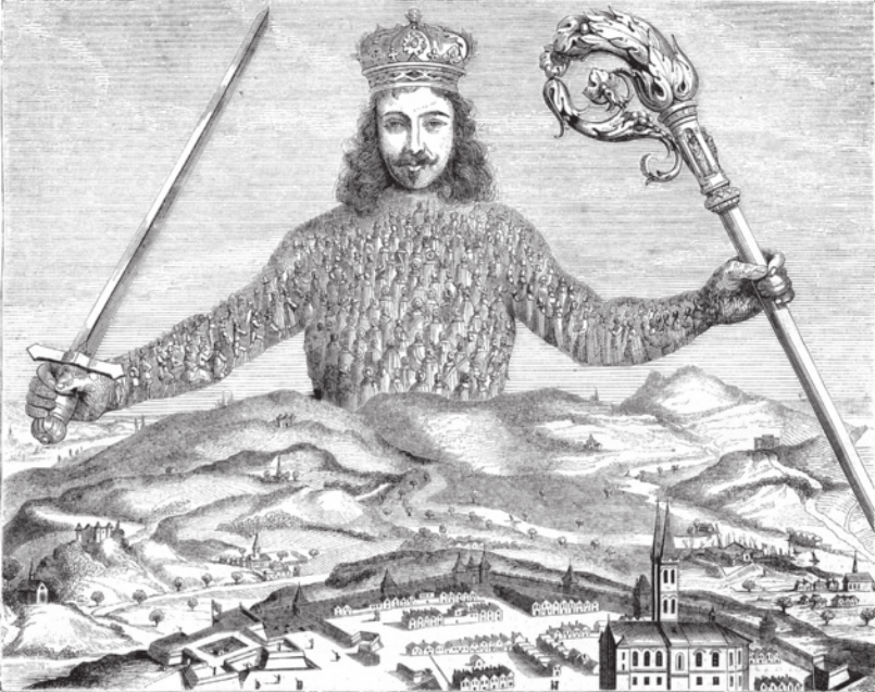 Gravura em preto e branco que representa um rei emergindo de montanhas. Ele possui cabelos ondulados, bigode e cavanhaque, usa coroa e segura uma espada com a mão direita e um cetro com a mão esquerda. Na paisagem há uma cidade fortificada.