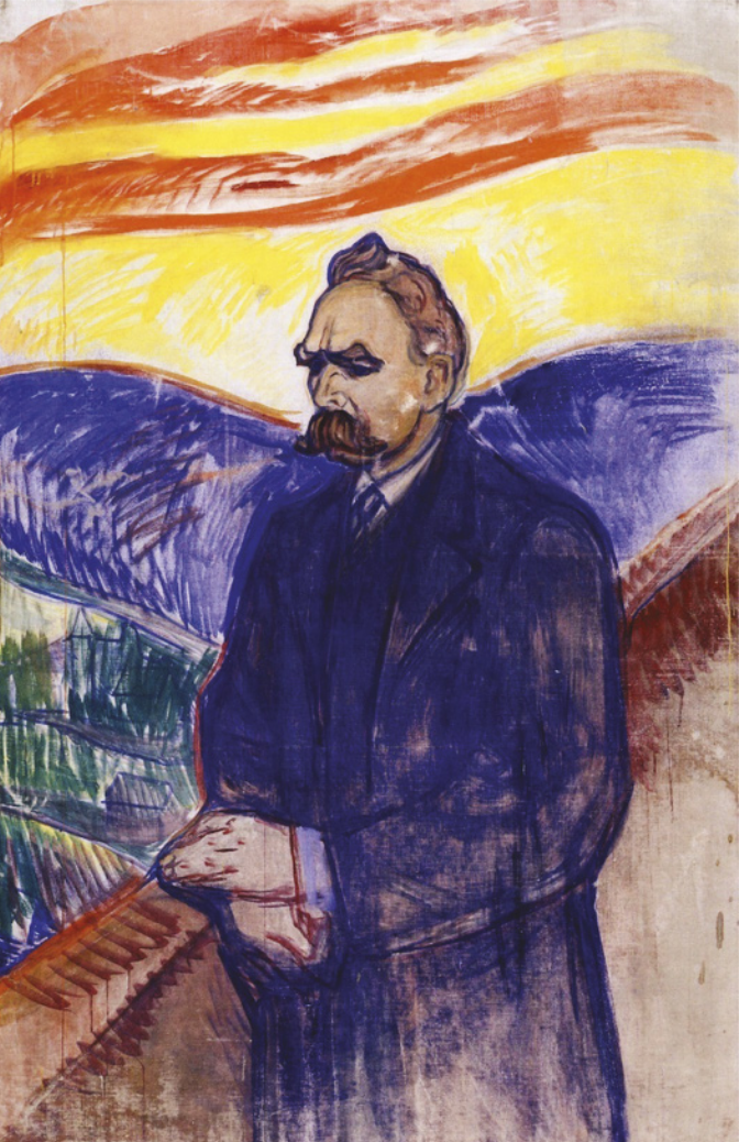 Pintura que retrata Friedrich Nietzsche em uma paisagem montanhosa. Ele é branco, possui cabelo curto e bigode, usa um sobretudo e está apoiado em um parapeito.