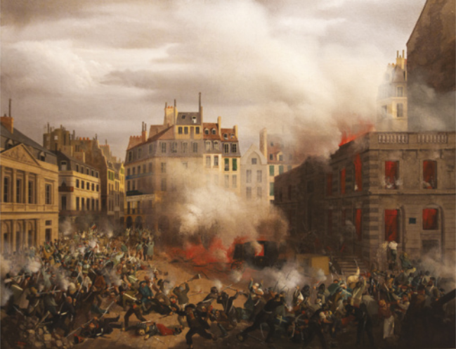 Pintura que representa um conflito armado. Soldados e civis estão armados com baionetas e atiram uns nos outros. Entre eles, há pessoas caídas no chão. Uma carruagem, ao centro, e um edifício à direita estão em chamas.