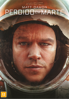 Cartaz do filme intitulado: Perdido em Marte, de Matt Damon. Em destaque há uma foto do rosto de um homem com capacete de astronauta.