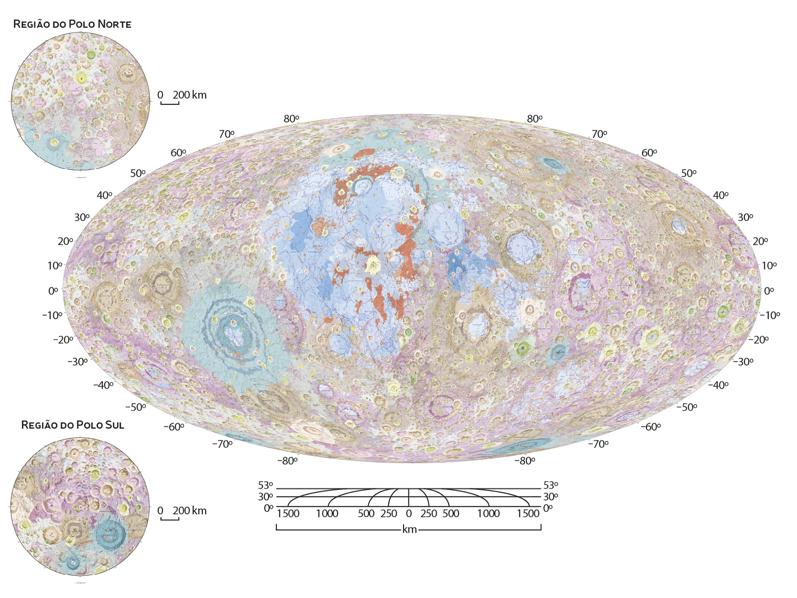 Mapa geológico da Lua, com destaque para as regiões do Polo Norte e do Polo Sul. Ele apresenta várias cores, que representam detalhes da composição, da estrutura, além de milhares de crateras. Há uma grande porção em tons de azul com pequenas partes em vermelho. Também há milhares de partes em tons amarelados, como círculos representando as crateras. Ao redor, está indicado a escala em graus. No meio, horizontalmente está indicado 0 grau aumentando de 10 e 10 até chegar em 80 graus na parte superior. E na parte inferir diminui de 10 em 10 graus até chegar em menos 80 graus. No canto superior esquerdo, há um destaque para a região do Polo Norte; no canto inferior esquerdo, há um destaque para a região do Polo Sul.