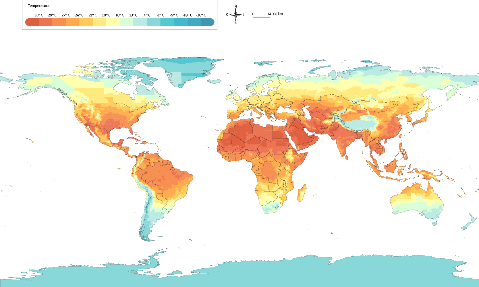 Mapa-múndi apresentando a estimativa de temperatura em todos os continentes. De acordo com a legenda, a temperatura tem uma variação de 35 graus Celsius a menos 26 graus Celsius, representada por cores. Em fortes tons de vermelho, estão as temperaturas mais altas; conforme a temperatura diminui, a cor vai ficando em tons mais claros. Da mesma forma, para temperaturas mais baixas, a cor varia em tons de azul. Ao norte e ao sul do mapa, predominam as baixas temperaturas. No continente americano, predominam temperaturas mais altas, entre 16 e 35 graus Celsius, enquanto temperaturas baixas estão presentes no extremo sul e oeste da América do Sul e ao extremo norte da América do Norte. No extremo norte da Europa e na Ásia, predominam temperaturas mais baixas, que vão aumentando até o extremo sul, onde predominam altas temperaturas, chegando a 35 graus Celsius. No continente africano, predominam temperaturas bem altas, variando de 35 a 16 graus Celsius, com apenas uma pequena porção, no extremo sul, com temperaturas mais baixas, entre 13 e menos 1 grau Celsius. Na Oceania, predominam temperaturas altas ao norte e temperaturas mais baixas ao sul.