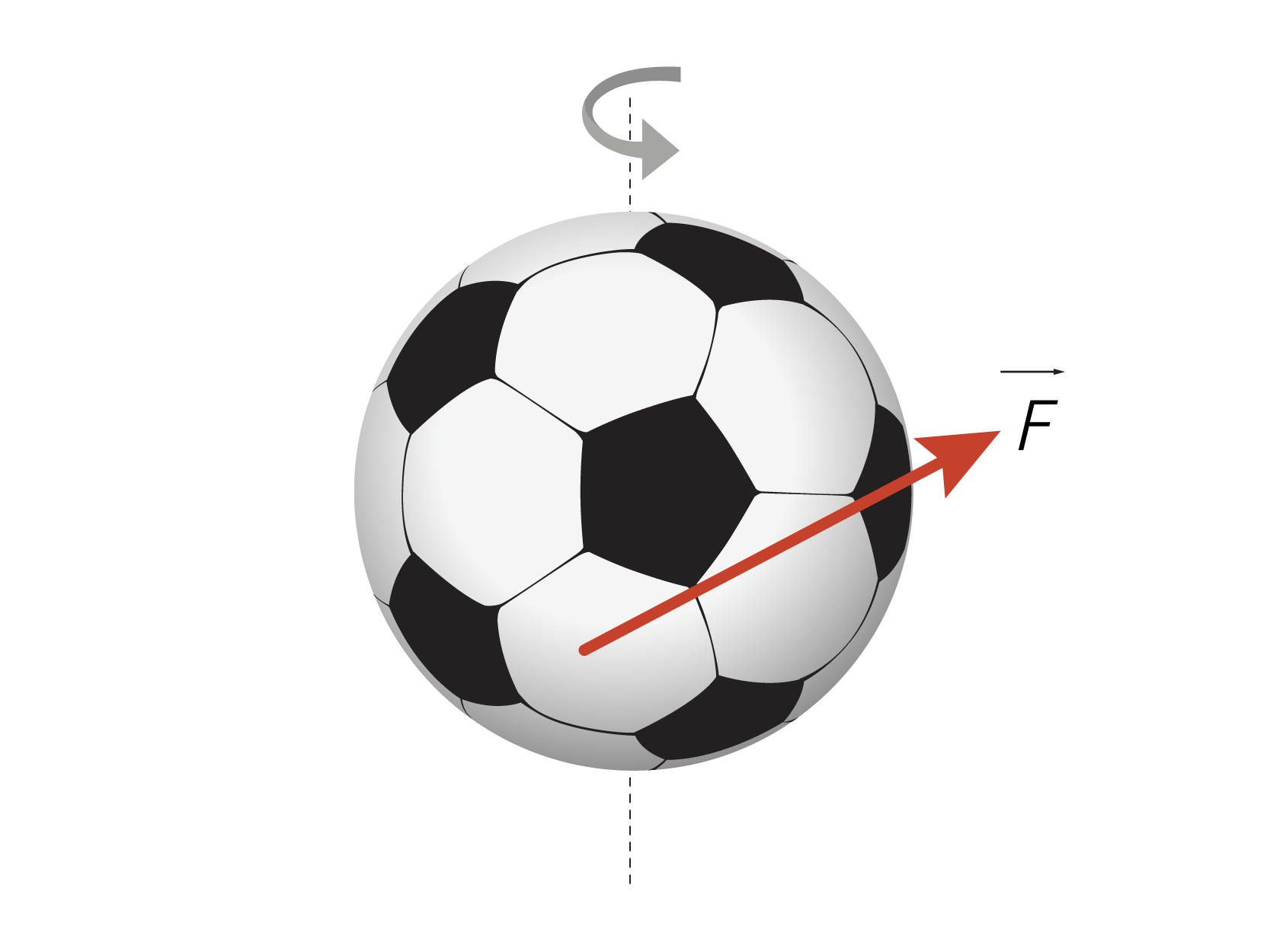 Ilustração de uma bola de futebol. Há um eixo vertical traçado atrás da bola com uma seta indicando o movimento de giro. Também há um vetor F sobre a bola, partindo de determinado ponto na parte inferior, em diagonal apontando para a direita.