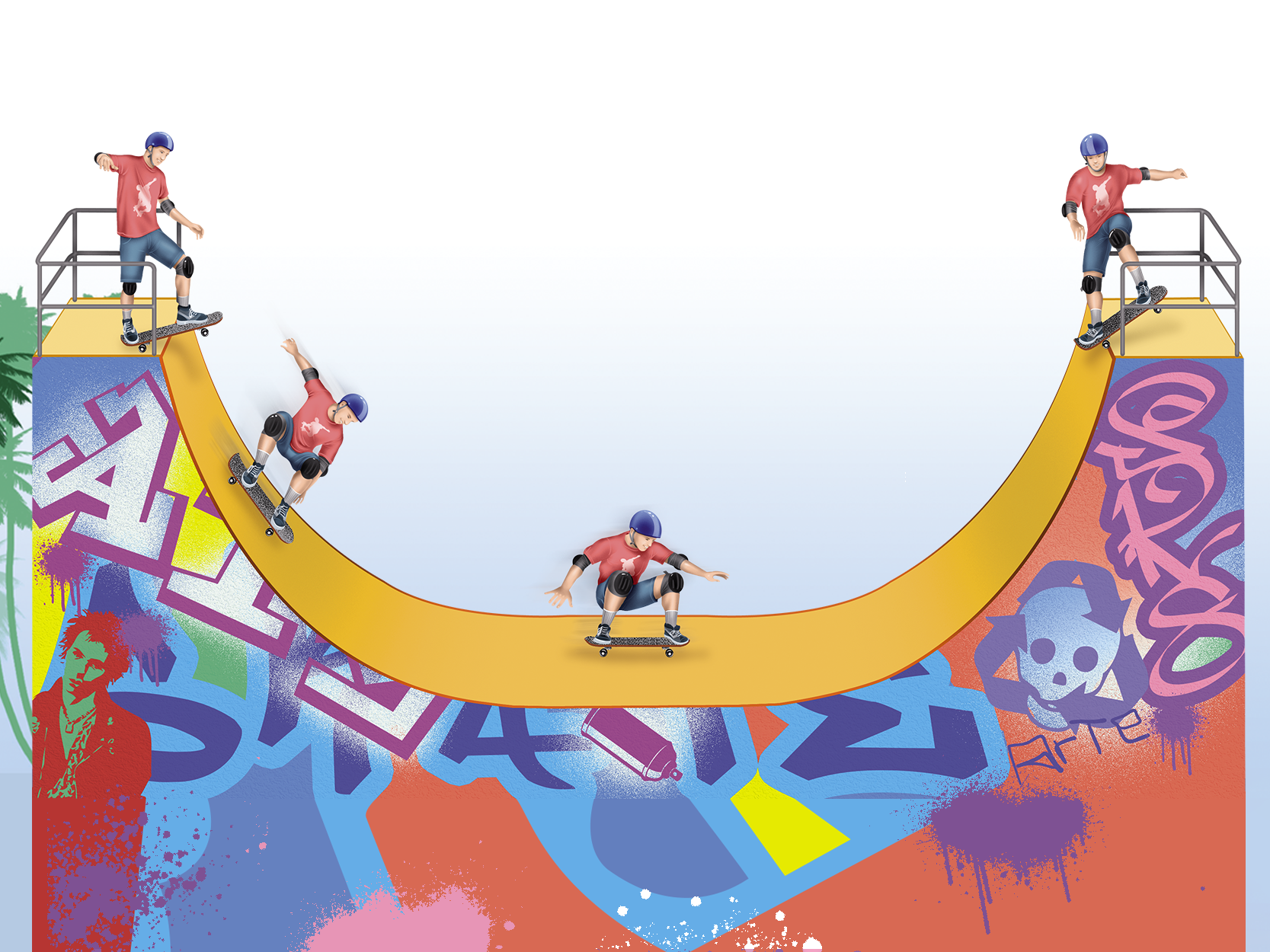 Ilustração representando o movimento de um skatista em quatro diferentes pontos de uma pista de skate que tem a rampa com o formato semelhante à letra U. O skatista está usando capacete, cotoveleiras e joelheiras. À esquerda, no ponto mais alto da pista, o skatista está em posição inicial, em pé sobre o skate, que está posicionado em direção à rampa. Na descida da rampa, o skatista está agachado, com os dois pés sobre o skate. Seu braço direito está estendido na lateral, enquanto seu braço esquerdo está para baixo. No meio da rampa, parte mais baixa da pista, o skatista permanece agachado com os dois pés sobre o skate e está com braços abertos. Por fim, à direita, no ponto mais alto da pista, o skatista está em pé sobre o skate, que está inclinado, com as rodas da frente na ponta da rampa. Ele está com o braço direito levemente estendido para a frente e com o braço esquerdo estendido para trás. Na pista, há várias pinturas em grafite.