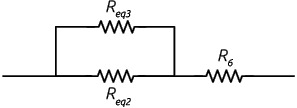 Ilustração de um circuito elétrico em formato retangular, com uma extensão da parte inferior para fora. No lado superior do retângulo há uma resistência R e q 3, no lado inferior, a resistência R e q 2 e na extensão desse lado inferior, na parte de fora do retângulo, há uma resistência R 6 no lado direito.