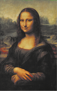 Pintura de uma mulher vista da cintura para cima. Ela tem cabelos longos na altura dos ombros, está sentada com os braços apoiados um no outro, tem lábios finos dando um leve sorriso e usa um vestido escuro. Ao fundo, há uma paisagem com vegetação e um corpo d’água.