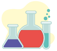 Ilustração de três recipientes de laboratório, um com formato triangular com líquido roxo, um com formato arredondado com líquido vermelho e um com formato cilíndrico com líquido verde.