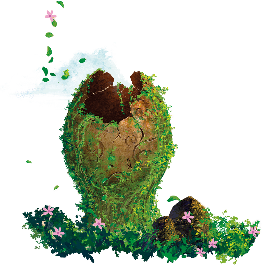 Ilustração de uma casca oval na cor marrom, com a parte externa com plantas que vão até o chão. A parte superior dessa casca está aberta e tem rachaduras. No chão há plantas com flores e duas rochas menores.