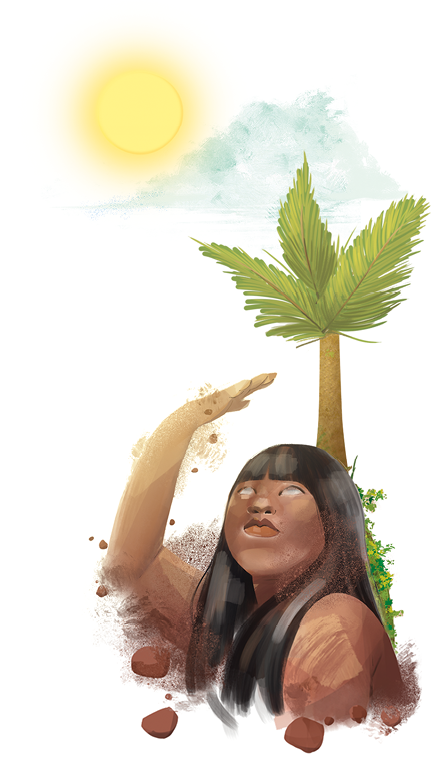 Ilustração de uma mulher indígena com cabelos lisos e compridos. Ela está olhando para cima com o braço direito levantado, com a mão cobrindo seu rosto da luz do Sol. Ao fundo há uma árvore com folhas grandes e o Sol com uma nuvem no céu.