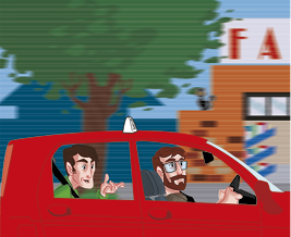 Ilustração de um carro vermelho com um motorista homem com cabelo e barba castanho. Atrás está um passageiro homem com cabelo curto preto. Fora do carro, ao fundo há uma árvore e um estabelecimento ao lado, ambos desfocados.
